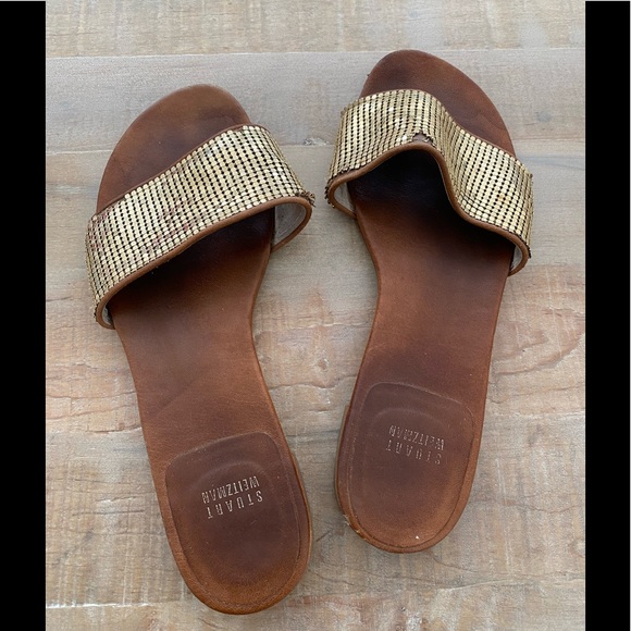 Stuart Weitzman gold sequins leather slides sandal shoes - Picture 3 of 11